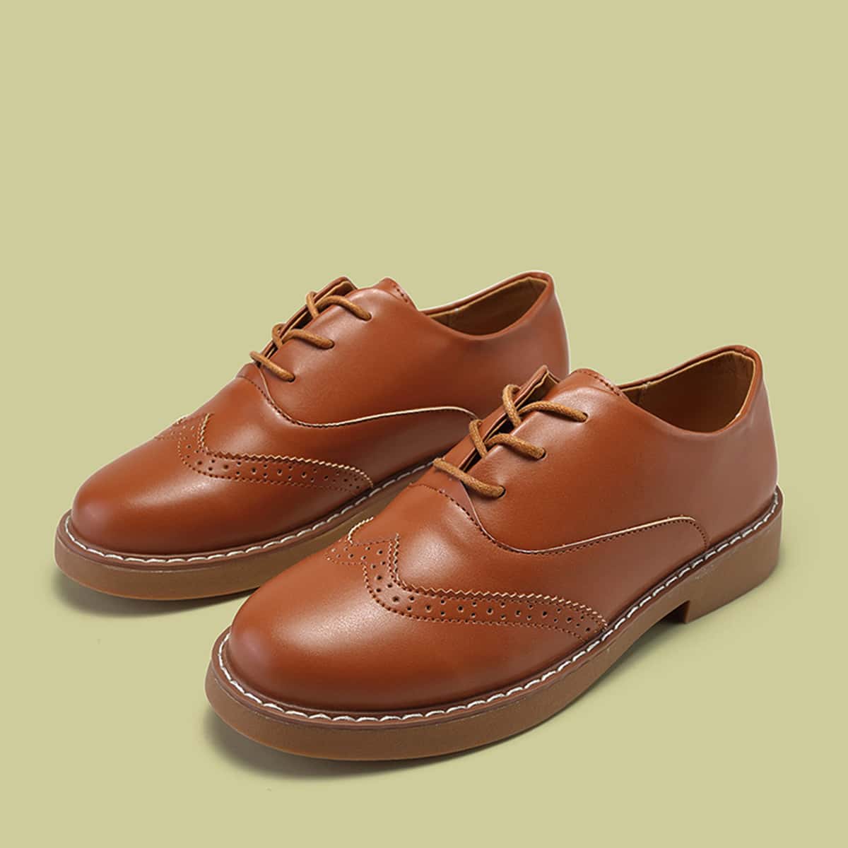 

Wingtip Detail Lace-up Front Oxford Shoes, Brown