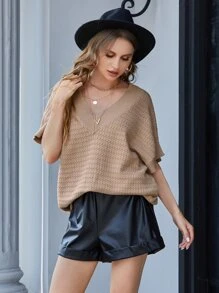 Mulvari V領紋理質感蝙蝠袖針織上衣 - 卡其色 - 查看 2