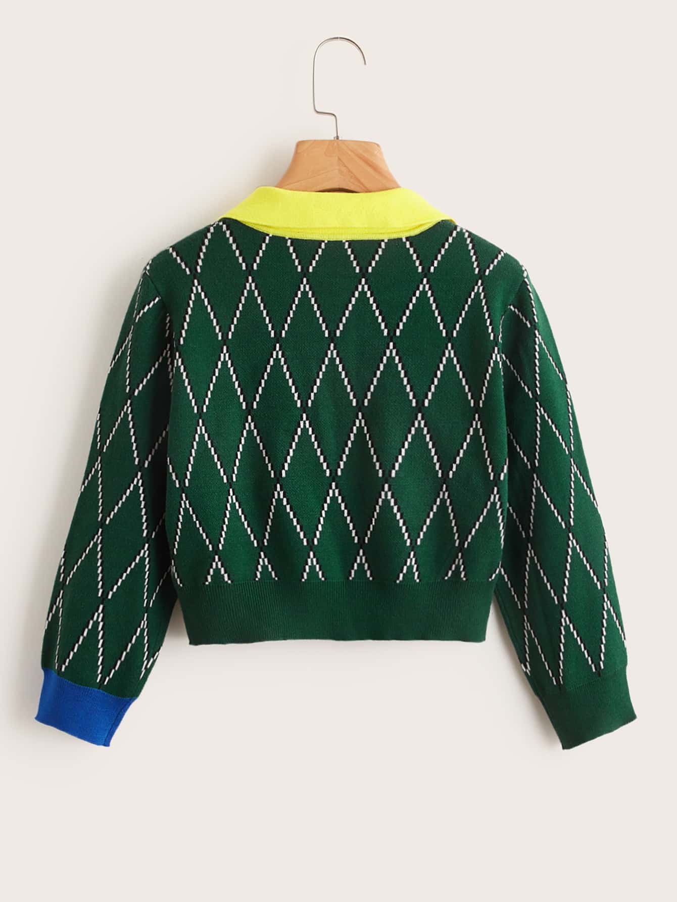 Argyle Pattern Contrast Half Button Placket Collar Sweater