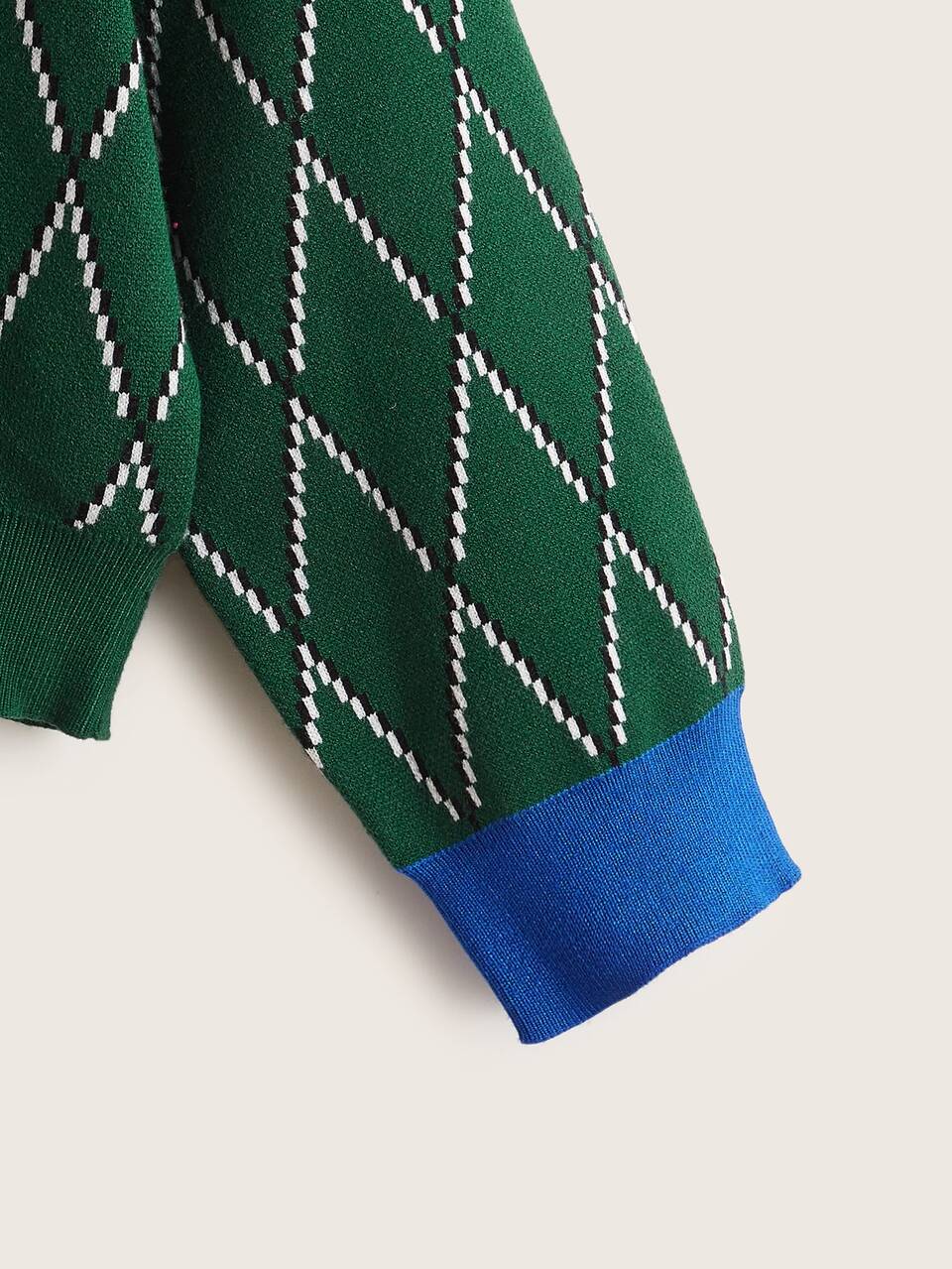 Argyle Pattern Contrast Half Button Placket Collar Sweater