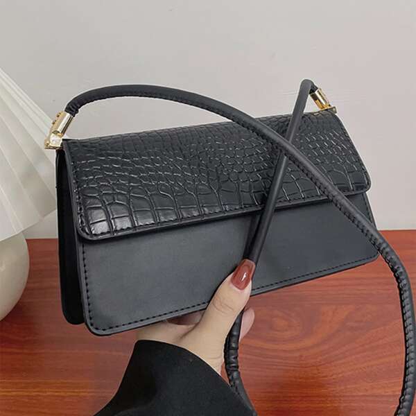 

Croc Embossed Flap Shoulder Bag, Black