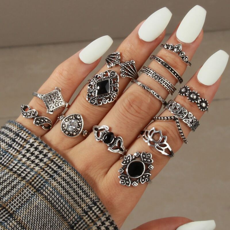 

15pcs Rhinestone Decor Ring, Antique silver