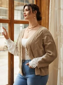 Calvaya 大碼麻花編織落肩袖假兩件開襟衫 - 卡其色 - 查看 1