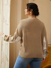 Calvaya 大碼麻花編織落肩袖假兩件開襟衫 - 卡其色 - 查看 2