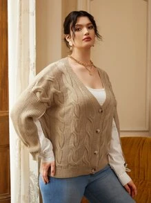 Calvaya 大碼麻花編織落肩袖假兩件開襟衫 - 卡其色 - 查看 3