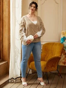 Calvaya 大碼麻花編織落肩袖假兩件開襟衫 - 卡其色 - 查看 4