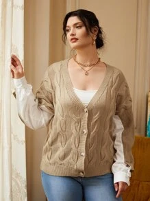 Calvaya 大碼麻花編織落肩袖假兩件開襟衫 - 卡其色 - 查看 5