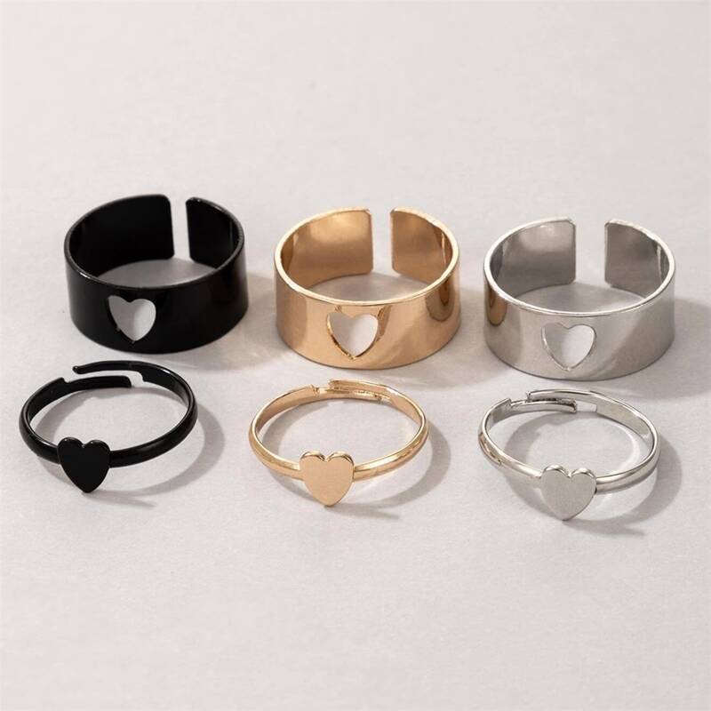 

6pcs Heart Decor Ring, Black