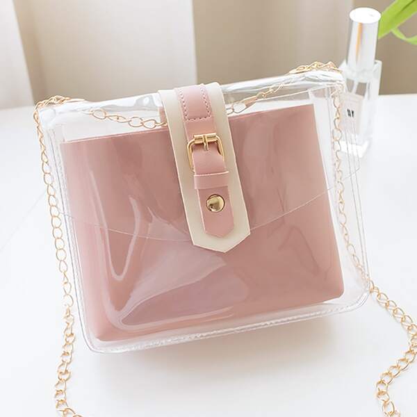 

Clear Chain Square Bag With Inner Pouch, Pink