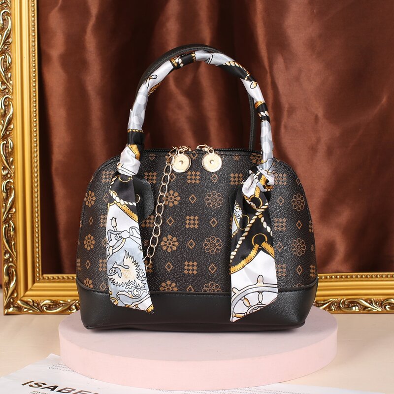 

Geometric Pattern Scarf Decor Chain Satchel Bag, Coffee brown