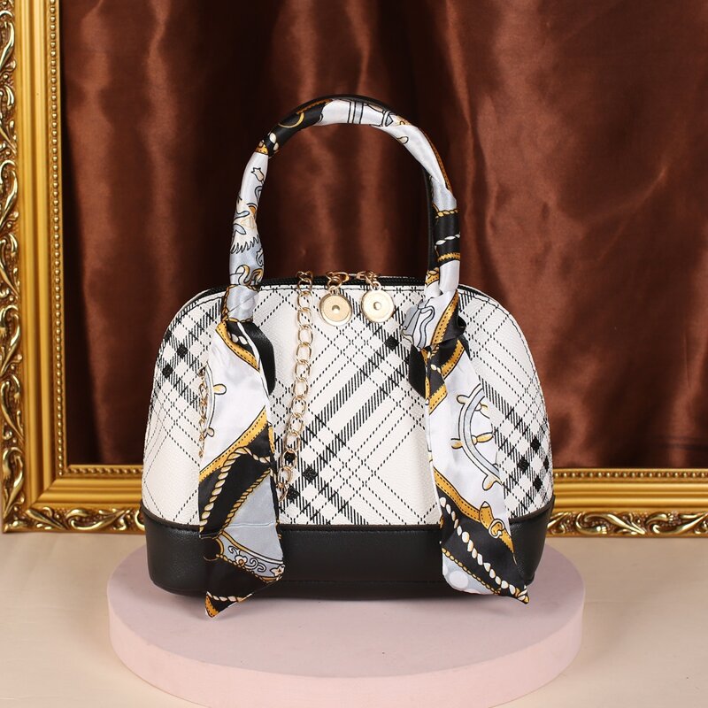 

Plaid Pattern Scarf Decor Chain Satchel Bag, Black and white