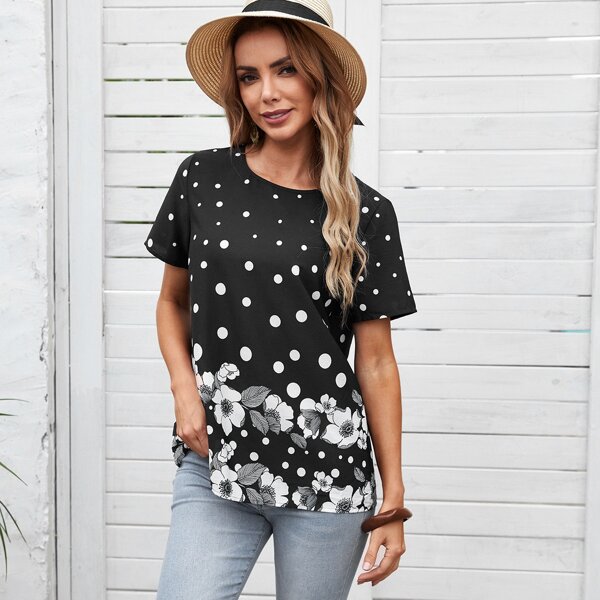 

Polka Dot and Floral Print Top, Black