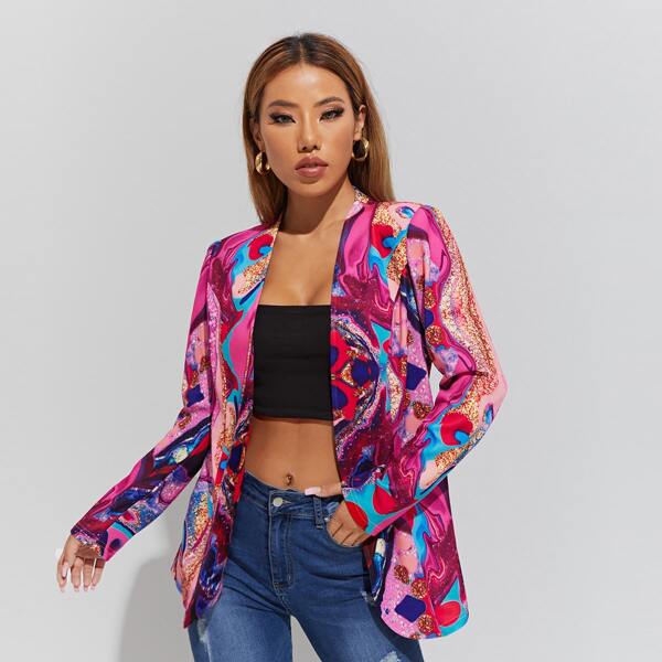 

Allover Print Open Front Blazer, Multicolor