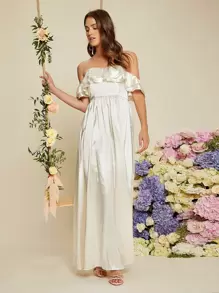 SHEIN Belle 一字肩荷葉邊緞面婚紗連衣裙 - 米色 - 查看 1