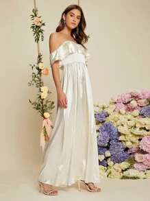 SHEIN Belle 一字肩荷葉邊緞面婚紗連衣裙 - 米色 - 查看 2