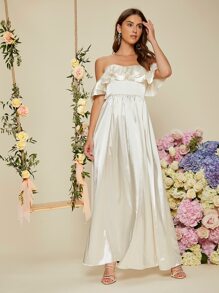 SHEIN Belle 一字肩荷葉邊緞面婚紗連衣裙 - 米色 - 查看 4