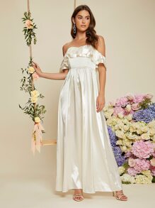 SHEIN Belle 一字肩荷葉邊緞面婚紗連衣裙 - 米色 - 查看 5