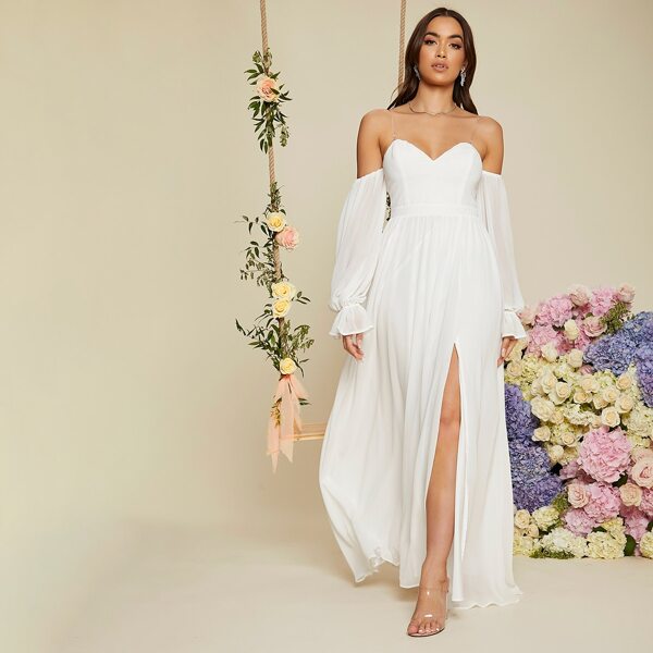 

Transparent Shoulder Strap Flounce Sleeve Split Thigh Prom Dress, White