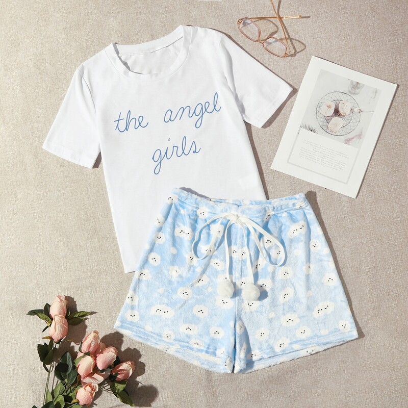 

Letter Tee & Teddy Cartoon Shorts Pajama Set, Blue and white