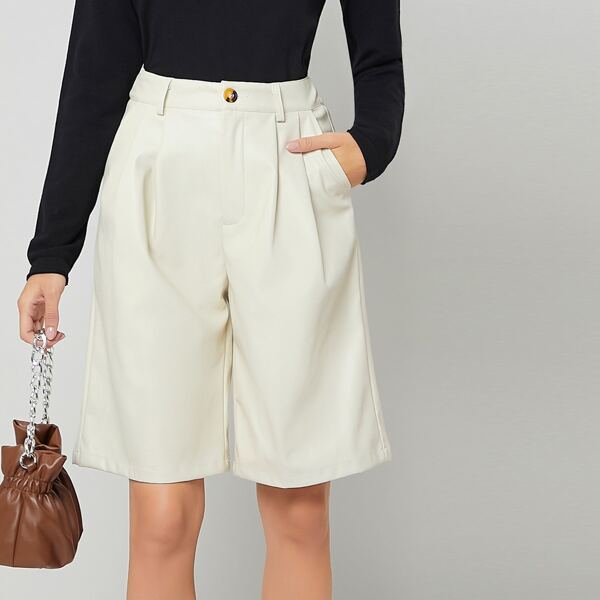

Solid Plicated PU Leather Shorts, Beige