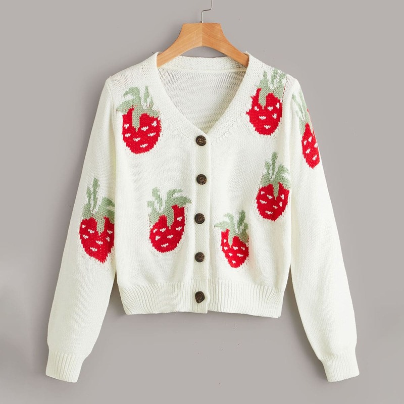 

Strawberry Pattern Button Front Cardigan, White
