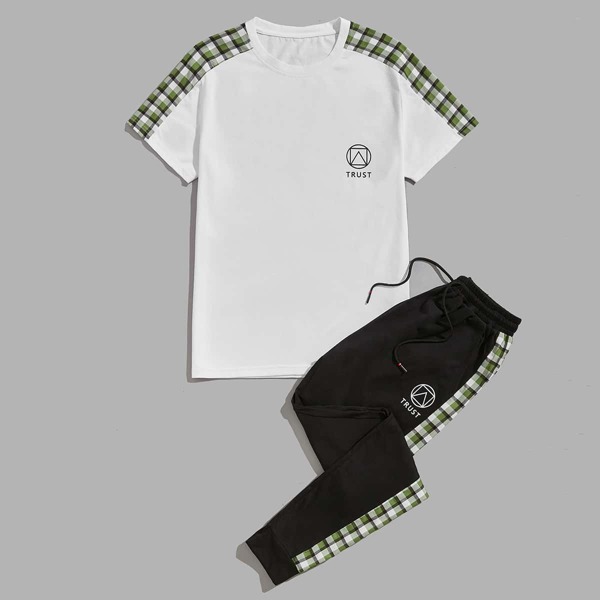 

Men Plaid & Letter Graphic Tee With Sweatpants, Black and white