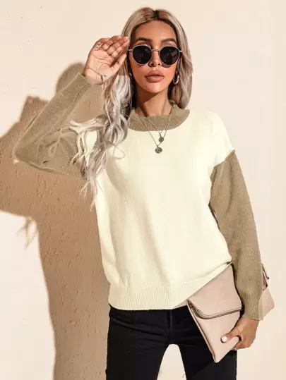 SHEIN Essnce 拼色小高領落肩袖套頭毛衣