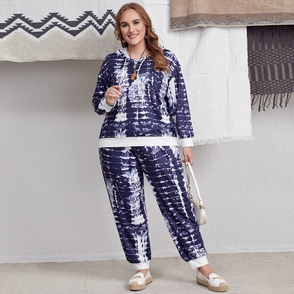 

Plus Tie Dye Drop Shoulder Drawstring Hoodie & Sweatpants, Multicolor