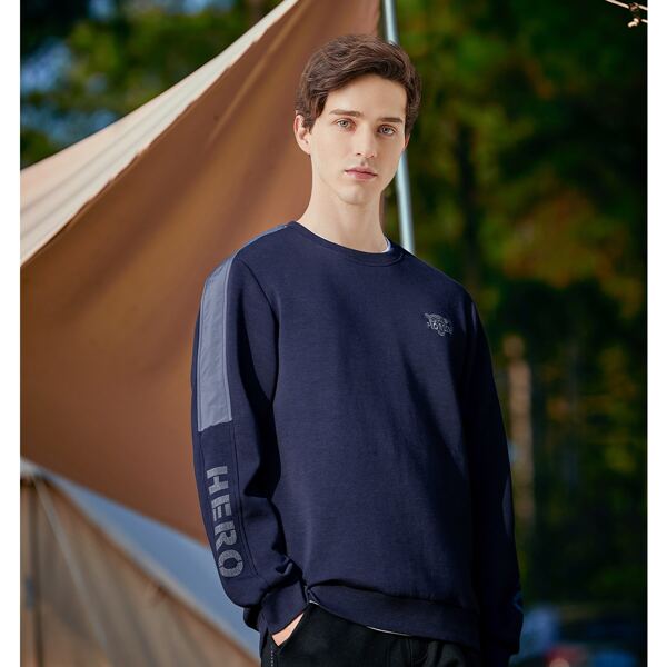 

Men Letter & Tiger Embroidery Contrast Side Seam Pullover, Blue