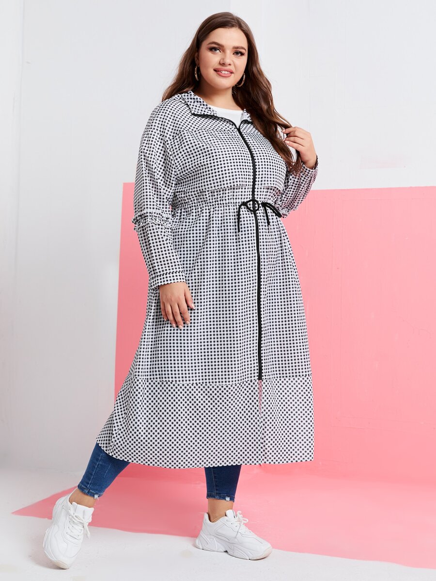 Mulvari Plus Gingham Print Zip Up Drawstring Waist Hooded Coat - Black and White - View 1