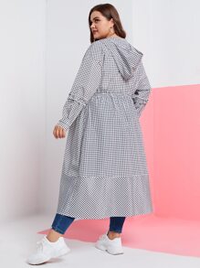 Mulvari Plus Gingham Print Zip Up Drawstring Waist Hooded Coat - Black and White - View 2