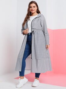 Mulvari Plus Gingham Print Zip Up Drawstring Waist Hooded Coat - Black and White - View 3