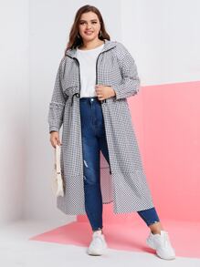 Mulvari Plus Gingham Print Zip Up Drawstring Waist Hooded Coat - Black and White - View 5