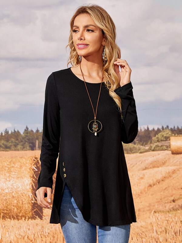 RueChic Button Detail Split Hem Tee