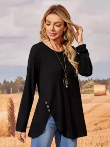 EMERY ROSE Button Detail Asymmetrical Hem Tee