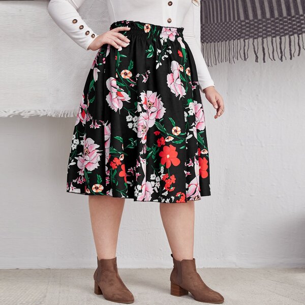 

Plus Floral Print Frill Waist Skirt, Multicolor