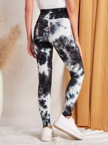 EMERY ROSE Tie Dye Wideband Waist Leggings - Black and White - View 2