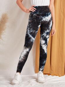 EMERY ROSE Tie Dye Wideband Waist Leggings - Black and White - View 5