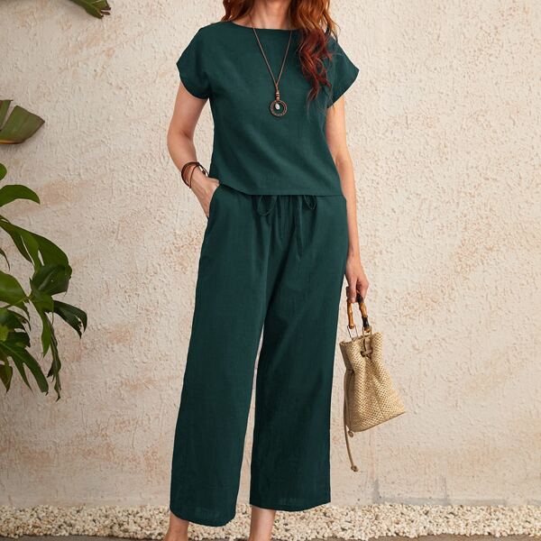 

Batwing Sleeve Top & Pants Set, Dark green