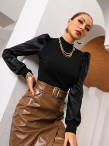 Modelyn Puff Sleeve Mock Neck T-Shirt - Black - View 4