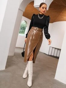 Modelyn Puff Sleeve Mock Neck T-Shirt - Black - View 5