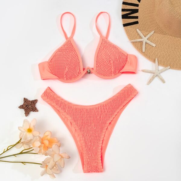 

Plain Smocked Underwire Bikini Swimsuit, Coral orange