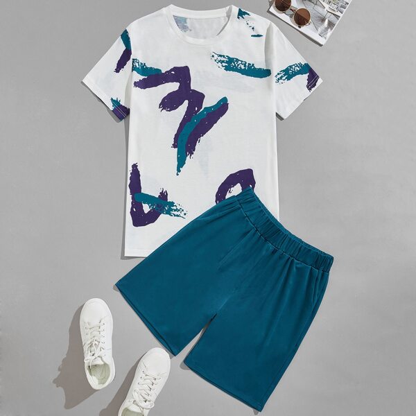 

Men Graphic Print Tee With Slant Pocket Track Shorts, Multicolor