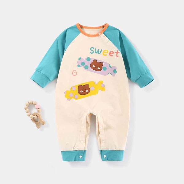 

Baby Cartoon & Letter Graphic Colorblock Jumpsuit, Multicolor