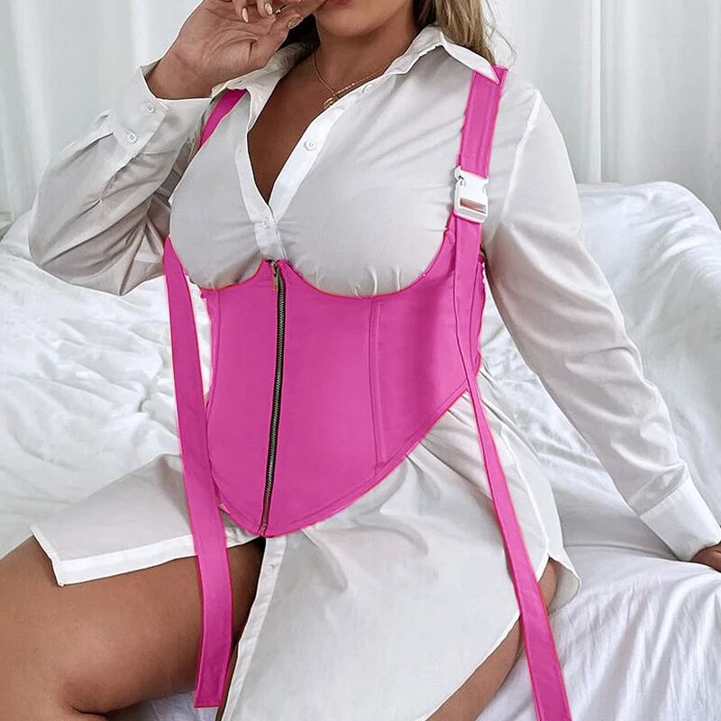 

Plus Zip Front Release Buckle Decor Corset, Hot pink