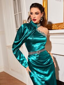 Modelyn Rhinestone Beaded Asymmetrical Neck Wrap Hem Dress - Dark Green - View 4