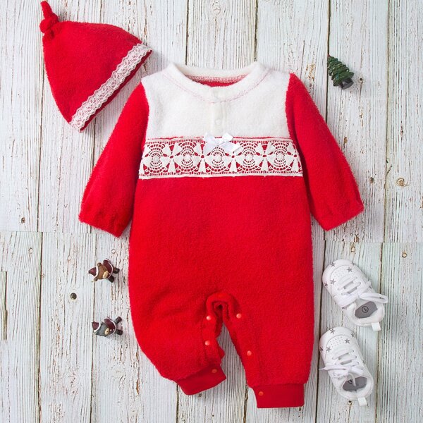 

Baby Contrast Lace Bow Colorblock Jumpsuit With Hat, Red