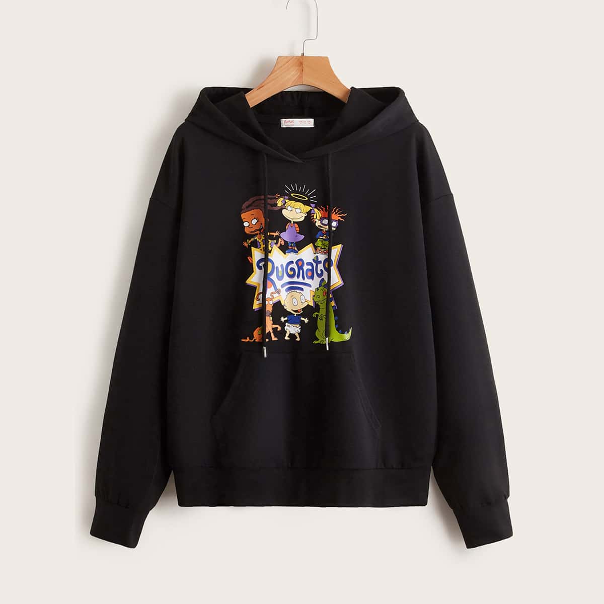 

Letter Cartoon Graphic Kangaroo Pocket Drawstring Hoodie, Black