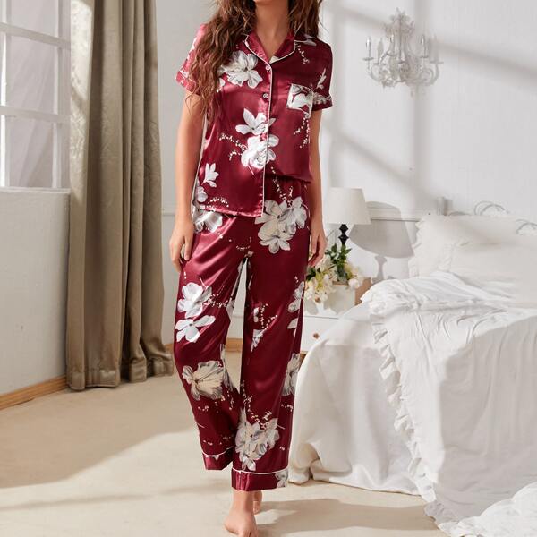 

Floral Print Contrast Binding Pj Set, Burgundy