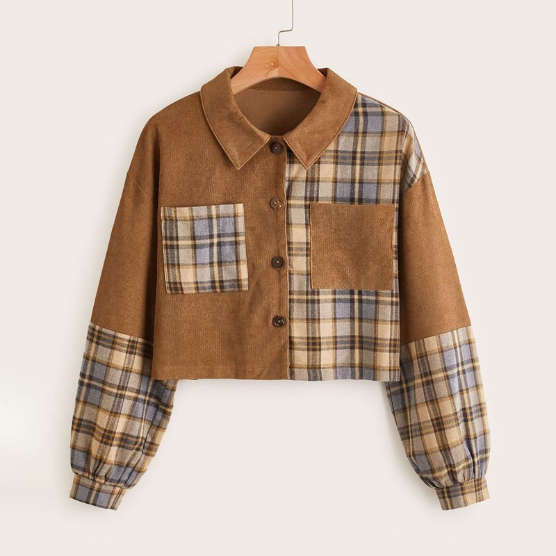 

Contrast Plaid Corduroy Button Front Jacket, Multicolor